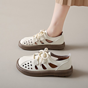 Sandále pre ženy v zahraničí, jar a jeseň 2025, nové európske a americké cezhraničné ploché sandále s okrúhlou špičkou, spodný výrez, šnurovanie, dierka, veľkoobchod