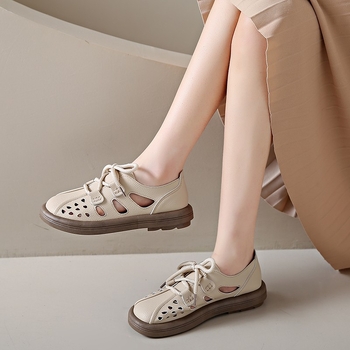 Σανδάλια Εξωτερικού Εμπορίου για Γυναίκες 2025 Άνοιξη & Φθινόπωρο Νέα Ευρωπαϊκά και Αμερικανικά Διασυνοριακά Φλατ με Στρογγυλή Δάχτυλα στο Κάτω Μέρος με Κομμένο Κάτω Μέρος και Κορδόνια, Γυναικεία Σανδάλια Χονδρικής