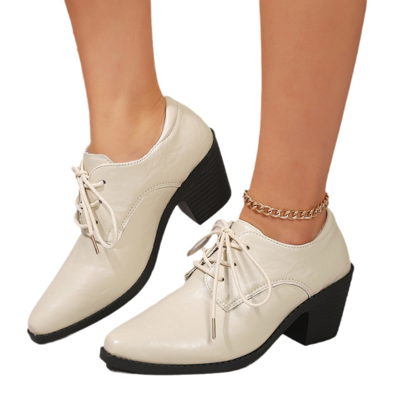 Jesen 2024. Nove vanjske trgovine, debele pete, duboke, jednoslojne cipele s okruglim vrhom, debelim dnom, vezicama, elastomske, britanskog stila, kožne cipele s visokom petom za žene