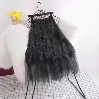 Νέα μισή φούστα Patchwork με φουσκωτή μεσαίου μήκους, ψηλή μέση, ακανόνιστη, πολυεπίπεδη, μεσαίο μήκος, για γυναίκες, από καρό ύφασμα με φουσκωτή πλέξη