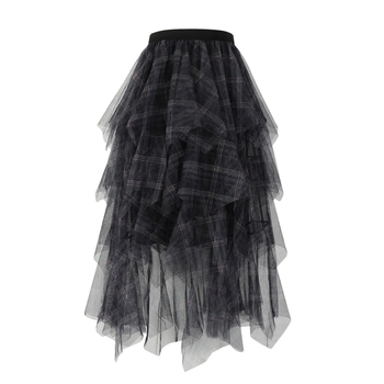 Νέα μισή φούστα Patchwork με φουσκωτή μεσαίου μήκους, ψηλή μέση, ακανόνιστη, πολυεπίπεδη, μεσαίο μήκος, για γυναίκες, από καρό ύφασμα με φουσκωτή πλέξη