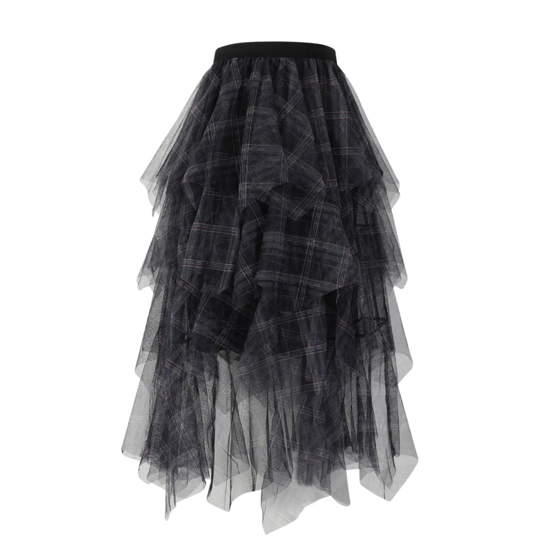 Nova ženska polusuknja visokog struka, nepravilnog oblika, srednje duljine, višeslojna, puf mrežasta, karirana, srednje duga, s patchwork uzorkom