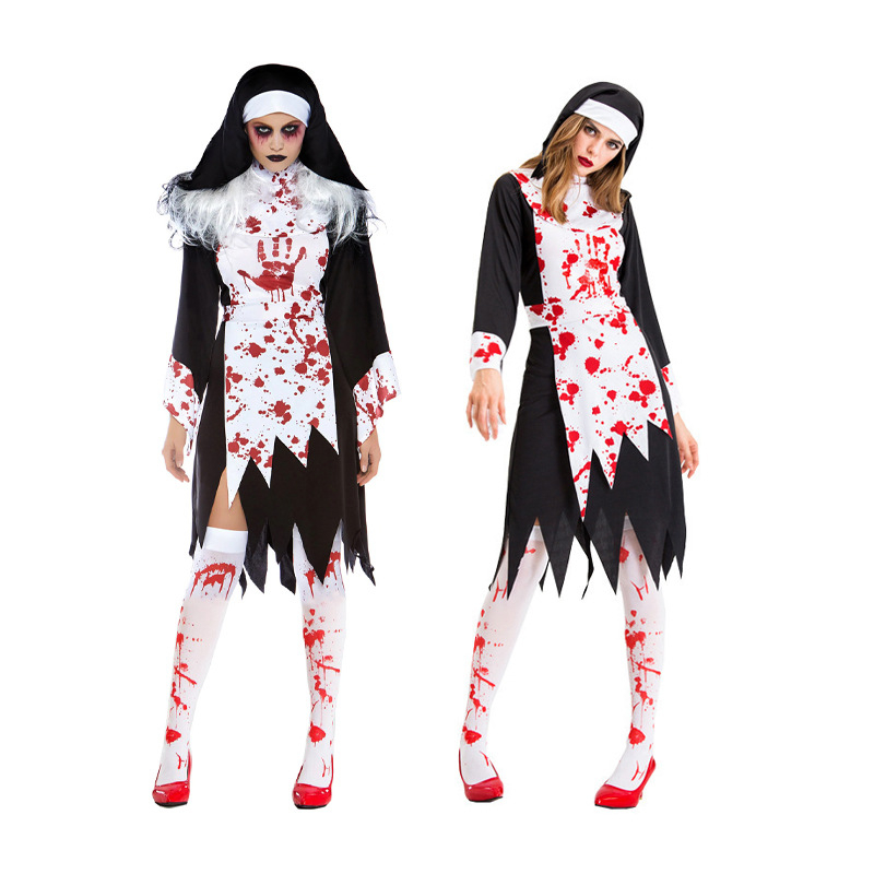 Helovīna vampīra zombiju mūķenes kostīms Viduslaiku priestera sludinātāja asiņainās mūķenes cosplay rotaļu kostīms