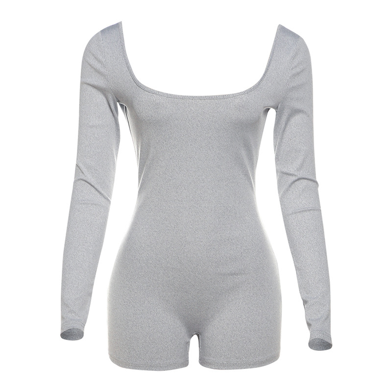 Dámske sexy šortky s dlhým rukávom a štvorcovým golierom v európskom a americkom štýle, jeseň 2024, štíhle, jednofarebné, v štýle európskeho a amerického štýlu