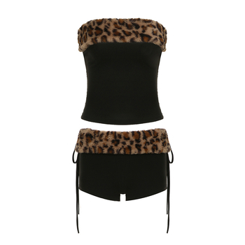 Νέο, ρετρό στυλ, γιλέκο με γούνα και ραφές σε γιακά με λουράκι και χαμηλή μέση, σετ δύο τεμαχίων για κορίτσια, σετ δύο τεμαχίων με λεοπάρ σχέδιο