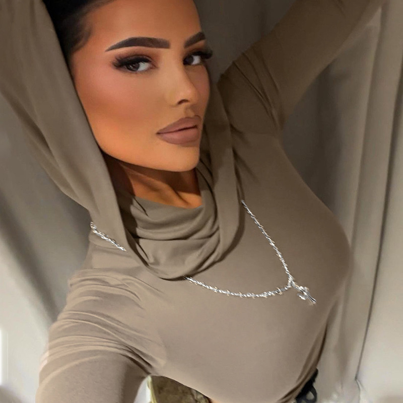 Ležérne pouličné skladané tričko s kapucňou a spodným dielom 2024 Európske a americké športové úzke tričko s dlhým rukávom a odhalením pupka