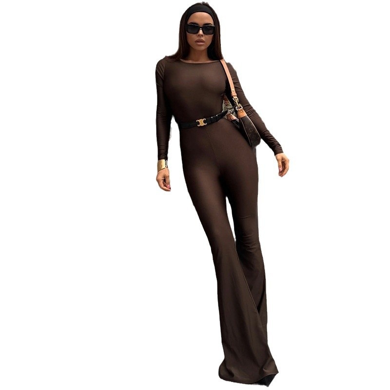 Jesenné európske a americké dámske cezhraničné Amazon nové elegantné jednofarebné s dlhým rukávom, slim fit, sexi nohavice s otvoreným chrbtom