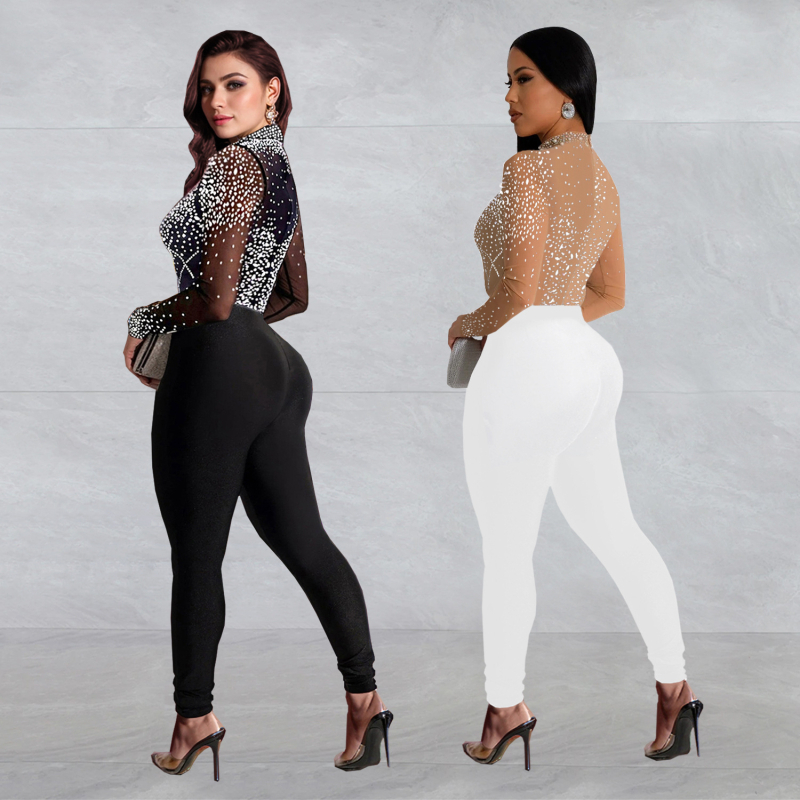 C7137 Cezhraničné AliExpress Amazon Európske a americké módne dámske slim fit sieťované nohavice s kamienkami a dlhým rukávom