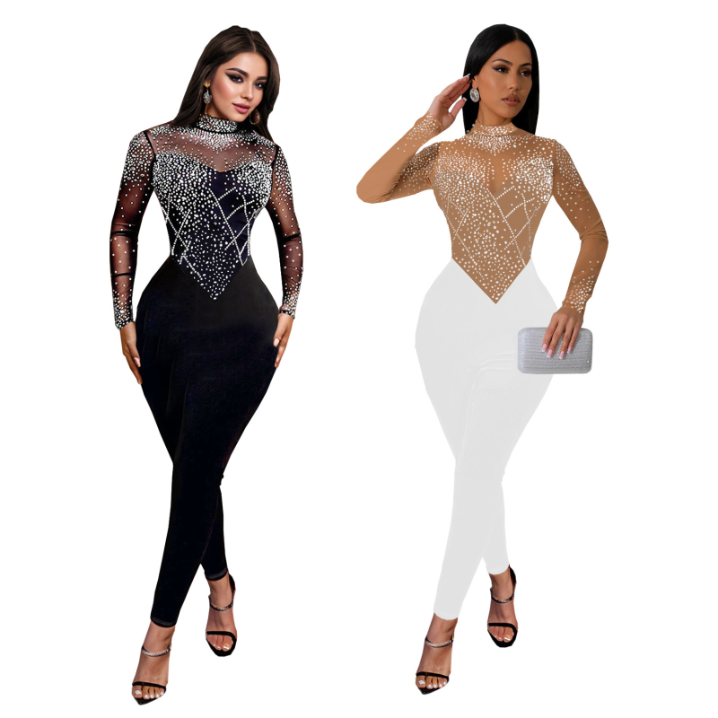 C7137 Cezhraničné AliExpress Amazon Európske a americké módne dámske slim fit sieťované nohavice s kamienkami a dlhým rukávom