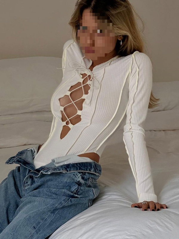 Prekogranični europski i američki stil vanjske trgovine Moda Ženski seksi veliki šuplji vez-up anti-auto jama uski fit kombinezon dugih rukava za žene