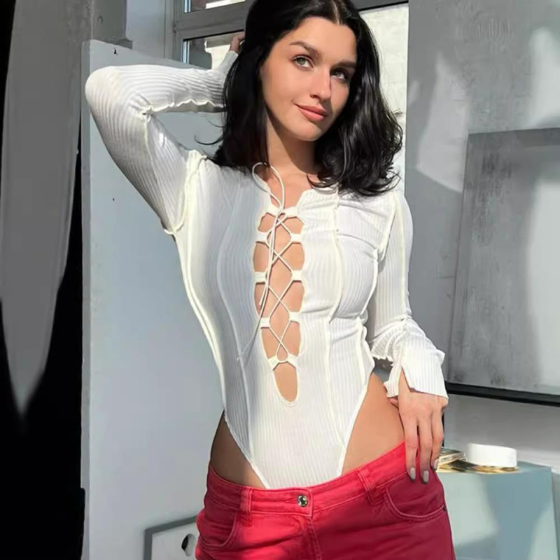 Prekogranični europski i američki stil vanjske trgovine Moda Ženski seksi veliki šuplji vez-up anti-auto jama uski fit kombinezon dugih rukava za žene