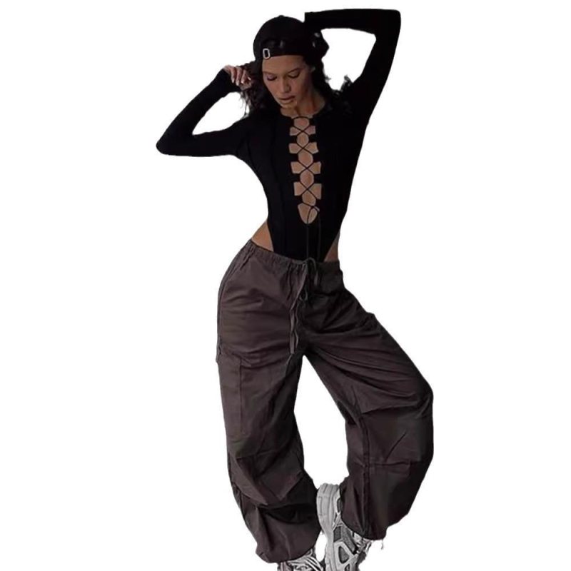 Prekogranični europski i američki stil vanjske trgovine Moda Ženski seksi veliki šuplji vez-up anti-auto jama uski fit kombinezon dugih rukava za žene