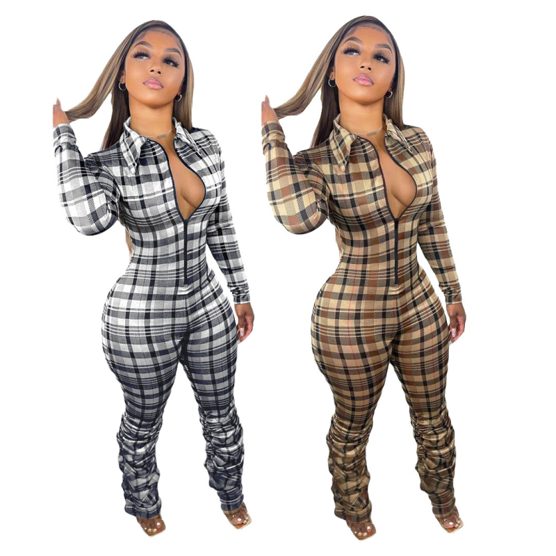 Jeseň/Zima 2022 Európske a americké dámske oblečenie Amazon AliExpress Kockované overaly so zipsom pre ženy