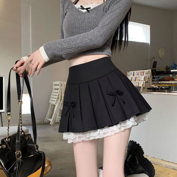 Γυναικεία Φούστα με Πλισέ Σχεδίαση, Φθινοπωρινό Γκρι Δαντελένιο Ράψιμο, Φούστα σε Γραμμή Α για Κορίτσια, 2024, Νέο Μισό