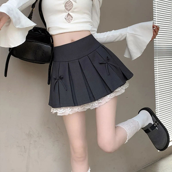 Γυναικεία Φούστα με Πλισέ Σχεδίαση, Φθινοπωρινό Γκρι Δαντελένιο Ράψιμο, Φούστα σε Γραμμή Α για Κορίτσια, 2024, Νέο Μισό