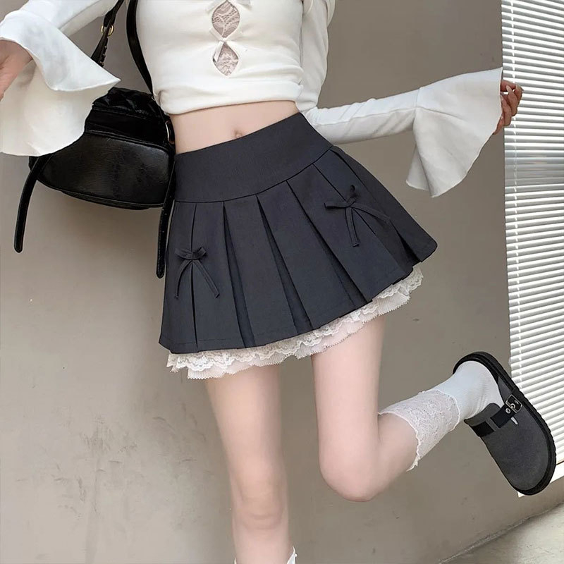 Dizajnerska plisirana suknja za žene, jesenska siva čipkasta šivaća niša, vruća djevojačka A-kroja, nova polovica 2024.