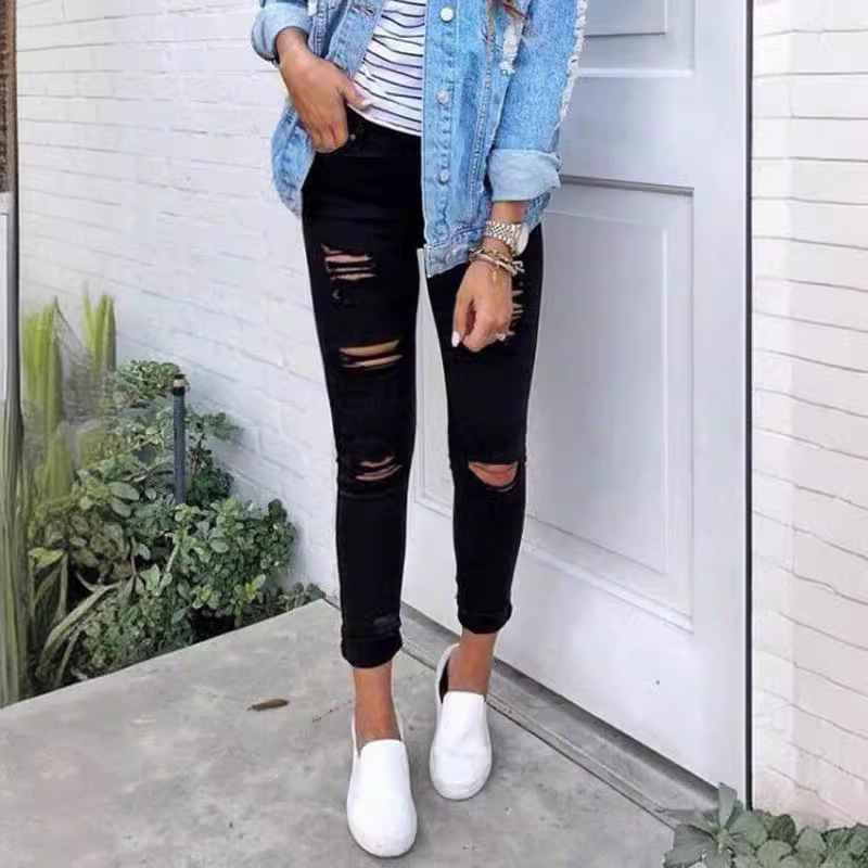 Dámske džínsy s vysokým pásom, európske a americké cezhraničné čisto čierne, strečové, kvalitné, úzke, s ceruzkovým vzorom
