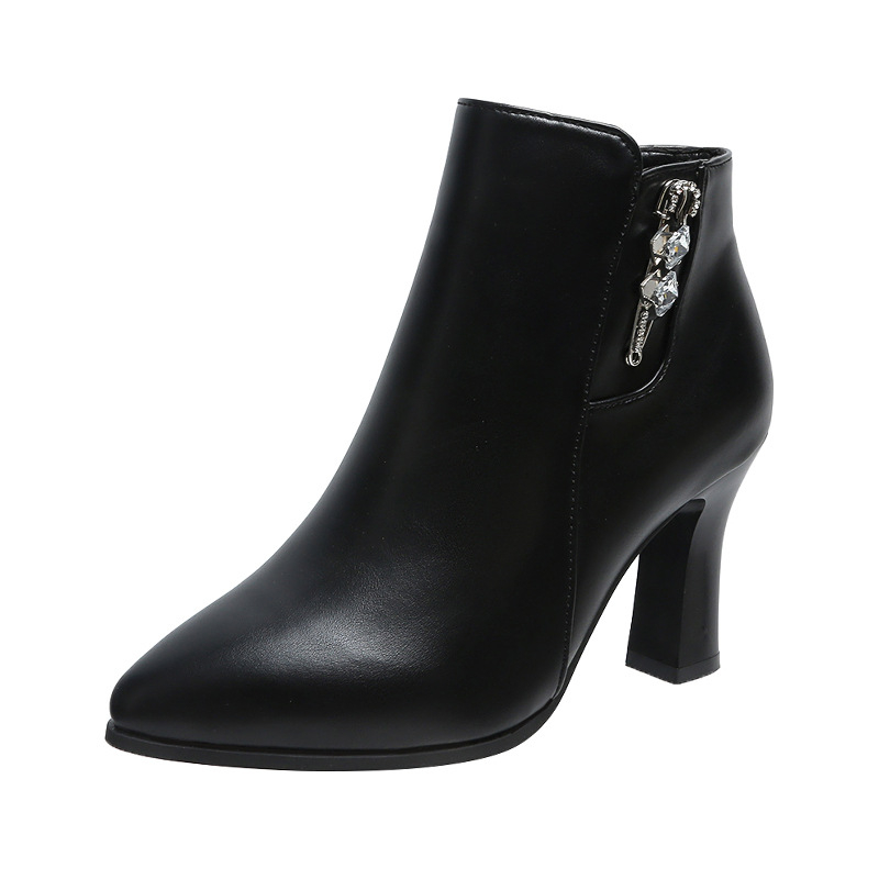 Európske a americké jesenné a zimné 2025 nové krátke čižmy pre ženy s špicatou špičkou a vysokými podpätkami, s kamienkami na hrubom podpätku, dámske topánky s čiernym zipsom na boku