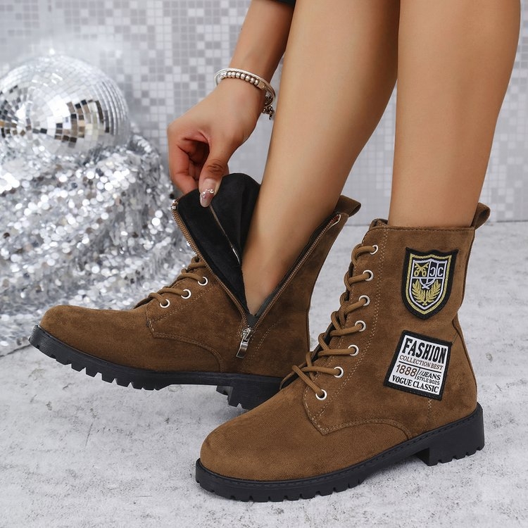 Нови европейски и американски зимни дамски ботуши с дебела подметка, външна търговия, големи размери, велурени, с връзки, кръгла глава, деним стил, дамски ботуши на склад