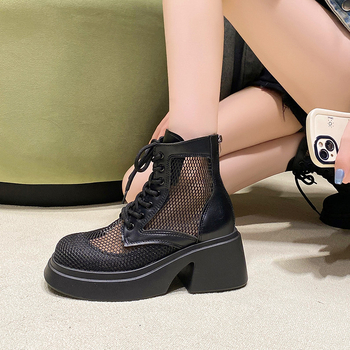 Čizme s debelom petom i debelim potplatom, mrežaste čizme za ljeto 2024., novi stil, ženske mrežaste sandale s patentnim zatvaračem na stražnjoj strani, udobne velike veličine, veleprodaja
