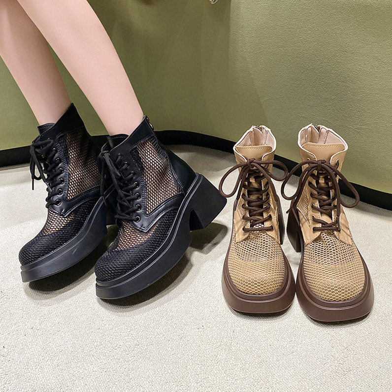 Čizme s debelom petom i debelim potplatom, mrežaste čizme za ljeto 2024., novi stil, ženske mrežaste sandale s patentnim zatvaračem na stražnjoj strani, udobne velike veličine, veleprodaja