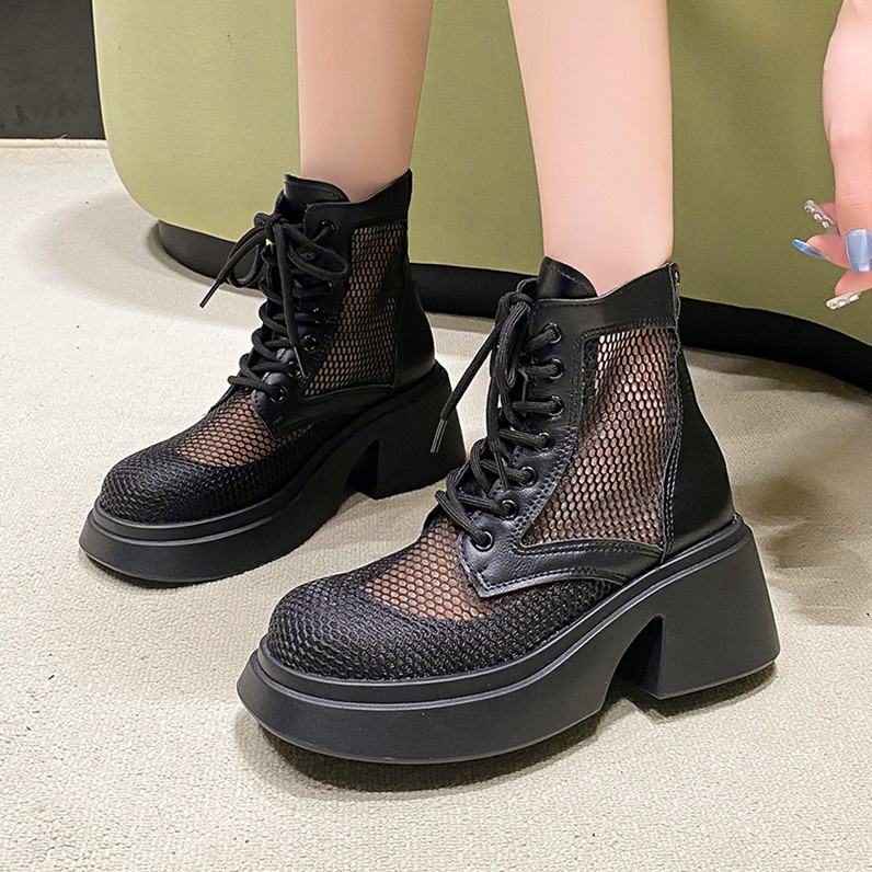 Čizme s debelom petom i debelim potplatom, mrežaste čizme za ljeto 2024., novi stil, ženske mrežaste sandale s patentnim zatvaračem na stražnjoj strani, udobne velike veličine, veleprodaja