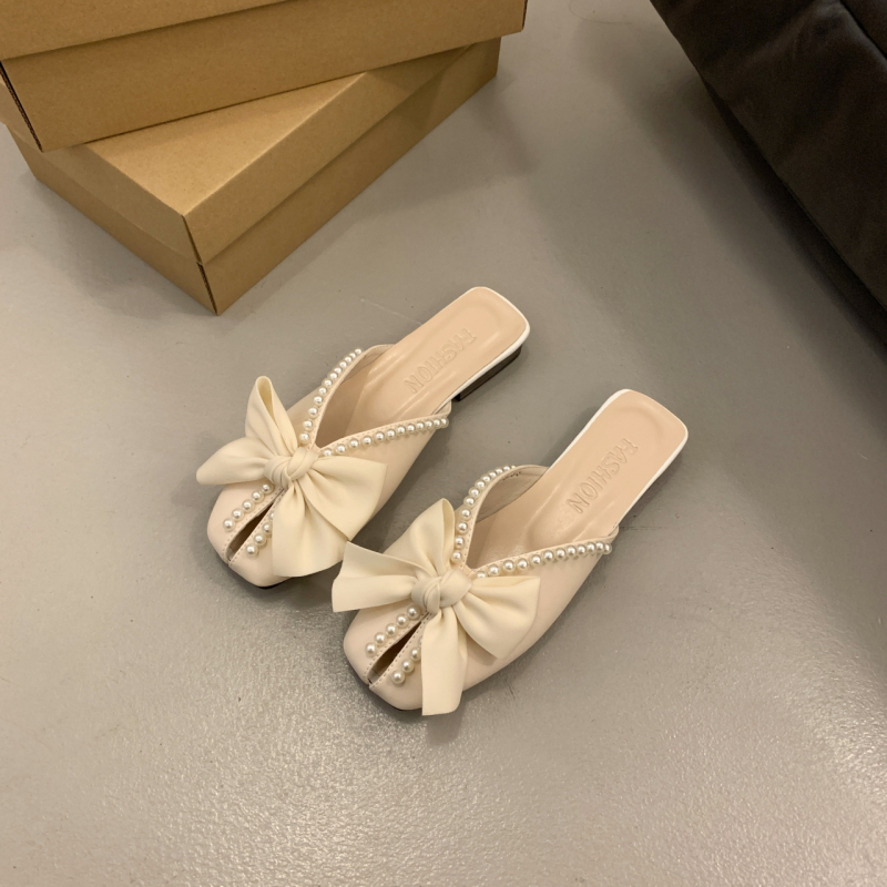 Papuče Baotou, letné vrchné oblečenie 2024, nový kórejský štýl s mašľou a perlou, ploché, s mäkkým dnom, v štýle vintage