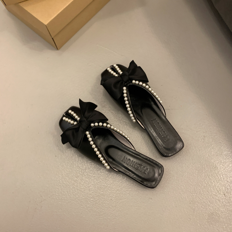 Papuče Baotou, letné vrchné oblečenie 2024, nový kórejský štýl s mašľou a perlou, ploché, s mäkkým dnom, v štýle vintage