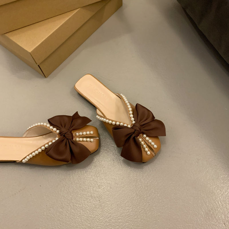 Papuče Baotou, letné vrchné oblečenie 2024, nový kórejský štýl s mašľou a perlou, ploché, s mäkkým dnom, v štýle vintage