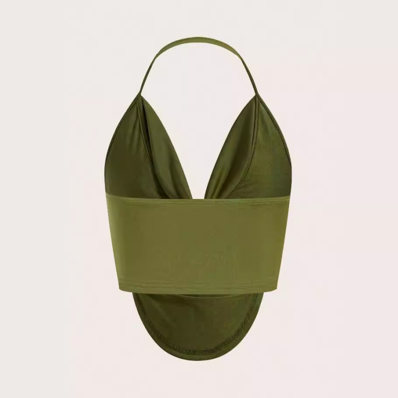 2024 Amazon Európsky a americký nový populárny dámsky jednofarebný trakový skladaný top s odhaleným chrbtom a dlhým rukávom