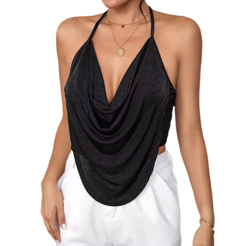 2024 Amazon Európsky a americký nový populárny dámsky jednofarebný trakový skladaný top s odhaleným chrbtom a dlhým rukávom