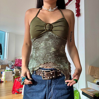 Αμερικανικό στυλ ρετρό φλοράλ ράψιμο με κλωστή στο λαιμό, στενή γραμμή, γυναικείο γιλέκο 2024, καλοκαίρι, καυτό κορίτσι, διασυνοριακό εξωτερικό εμπόριο, νέα μπλούζα