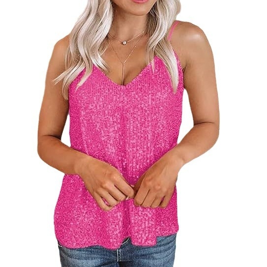 2024 Europska i američka prekogranična proljetna, ljetna i jesenska modna seksi ženska labava šljokica bez rukava s V-izrezom