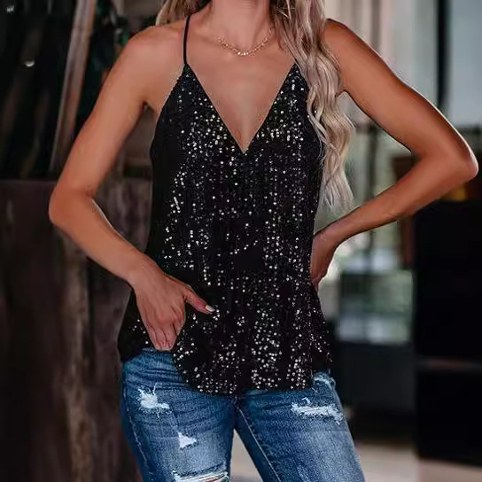 2024 Europska i američka prekogranična proljetna, ljetna i jesenska modna seksi ženska labava šljokica bez rukava s V-izrezom