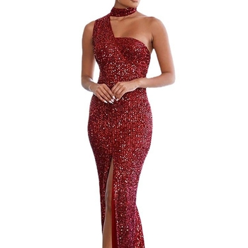 2025 Chu Yi vanjska trgovina prekogranična crvena duga haljina visokog struka s omotom za prsa, elegantna haljina sa šljokicama u jednoj boji za putovanje na posao
