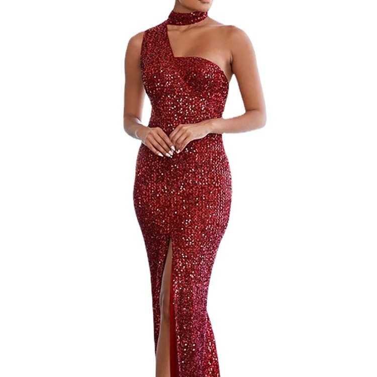 2025 Chu Yi vanjska trgovina prekogranična crvena duga haljina visokog struka s omotom za prsa, elegantna haljina sa šljokicama u jednoj boji za putovanje na posao