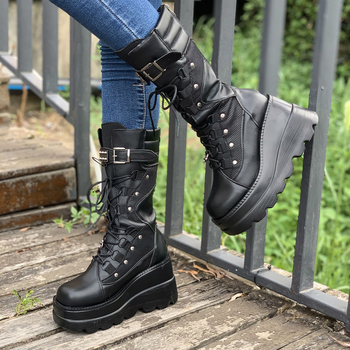 Amazonské cezhraničné klinové rytierske čižmy pre ženy 2022 nové európske a americké čižmy v punkovom štýle s hrubou podrážkou do polovice lýtok, rytierske dámske čižmy