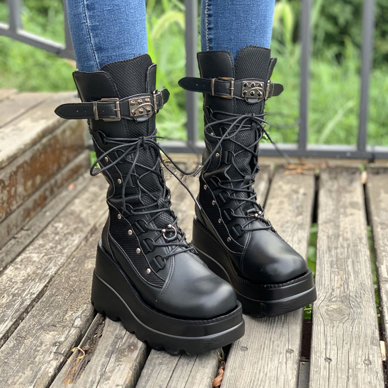 Amazonské cezhraničné klinové rytierske čižmy pre ženy 2022 nové európske a americké čižmy v punkovom štýle s hrubou podrážkou do polovice lýtok, rytierske dámske čižmy