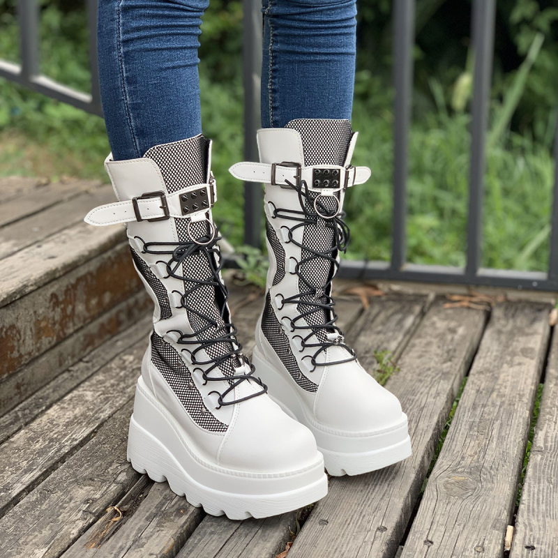 Amazonské cezhraničné klinové rytierske čižmy pre ženy 2022 nové európske a americké čižmy v punkovom štýle s hrubou podrážkou do polovice lýtok, rytierske dámske čižmy