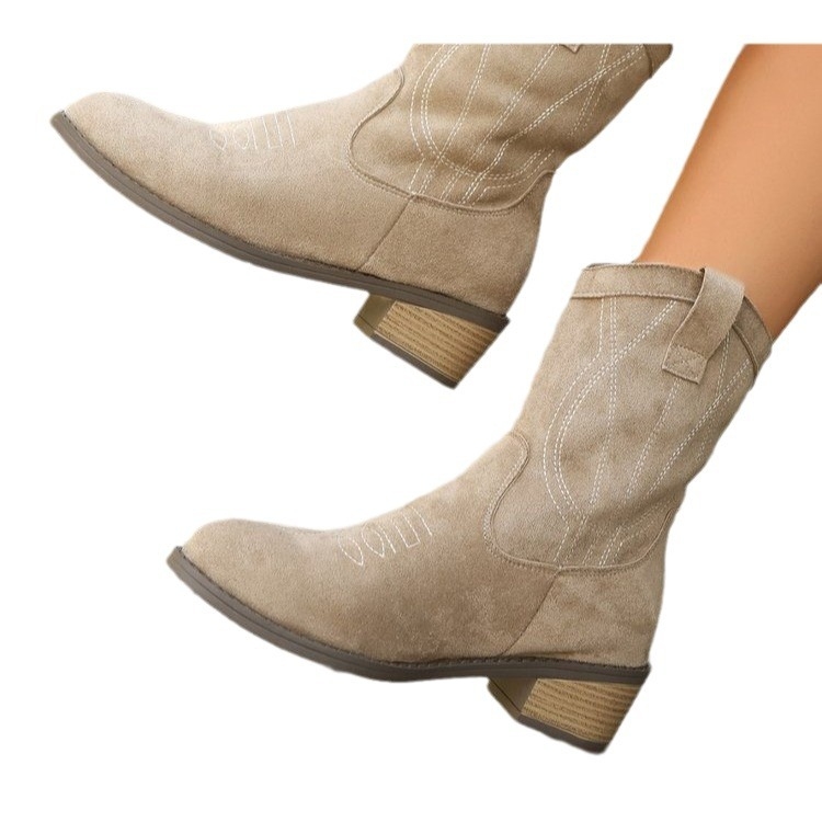 Nové semišové čižmy s ostrým vzorom z roku 2024, jesenné a zimné, módne, plus size, retro, westernové, džínsové, krátke, dámske