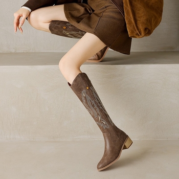 Vintage smeđe vezene kaubojske čizme u zapadnjačkom stilu, ženske nove čizme sa špicastim vrhom iz 2024., ženske ljetne čizme za jahanje s debelom petom