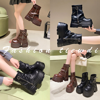 Dámske čižmy s hrubým podpätkom 10 cm, nové, jeseň a zima 2024, nízke, zvýšené, westernové, krátke čižmy so zipsom, martinky