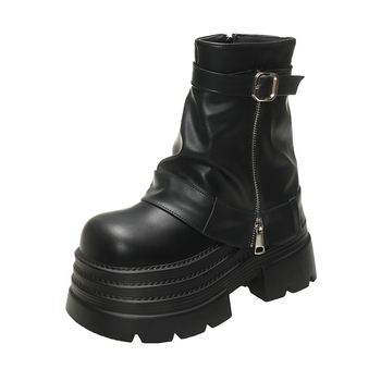 Dámske čižmy s hrubým podpätkom 10 cm, nové, jeseň a zima 2024, nízke, zvýšené, westernové, krátke čižmy so zipsom, martinky