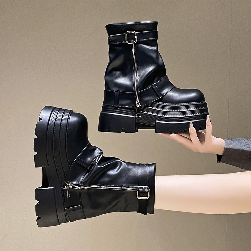 Dámske čižmy s hrubým podpätkom 10 cm, nové, jeseň a zima 2024, nízke, zvýšené, westernové, krátke čižmy so zipsom, martinky