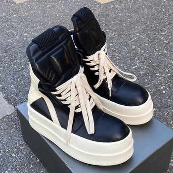 Νέα δερμάτινα ψηλοτάκουνα παπούτσια του 2024 με χοντρή σόλα και ανεστραμμένο τρίγωνο, γυναικεία αθλητικά παπούτσια με στρογγυλή μύτη και κορδόνια.