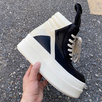 Νέα δερμάτινα ψηλοτάκουνα παπούτσια του 2024 με χοντρή σόλα και ανεστραμμένο τρίγωνο, γυναικεία αθλητικά παπούτσια με στρογγυλή μύτη και κορδόνια.