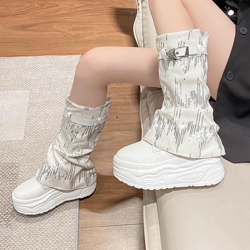 Dámske topánky pre plnšie veľkosti 35-42, odnímateľné nohavice, čižmy, dámske čižmy na platforme s okrúhlou špičkou, pekné rytierske čižmy, móda