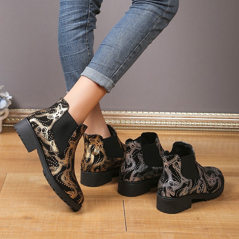 Jesenné a zimné 2025 Nové cezhraničné európske a americké módne dámske čižmy Export Veľké čižmy s nízkym podpätkom a rukávom s potlačou