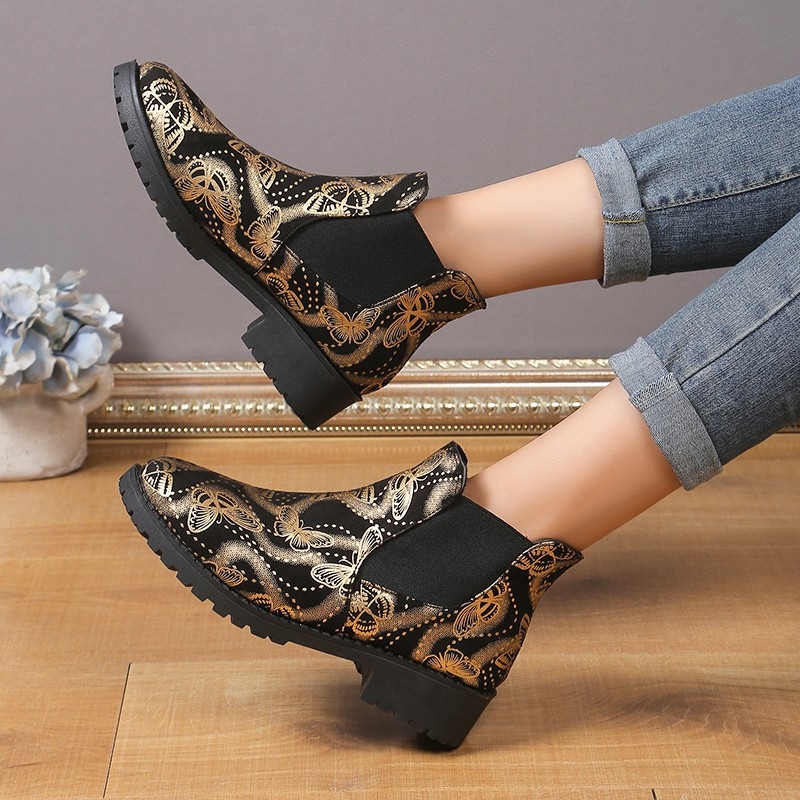 Jesenné a zimné 2025 Nové cezhraničné európske a americké módne dámske čižmy Export Veľké čižmy s nízkym podpätkom a rukávom s potlačou