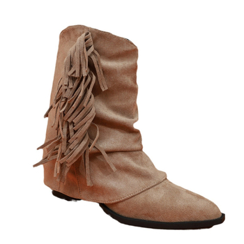 Modne čizme od brušene kože sa špicastim vrhom za žene, jesen 2024., rese, klinaste, plisirane, kratke čizme u zapadnom stilu